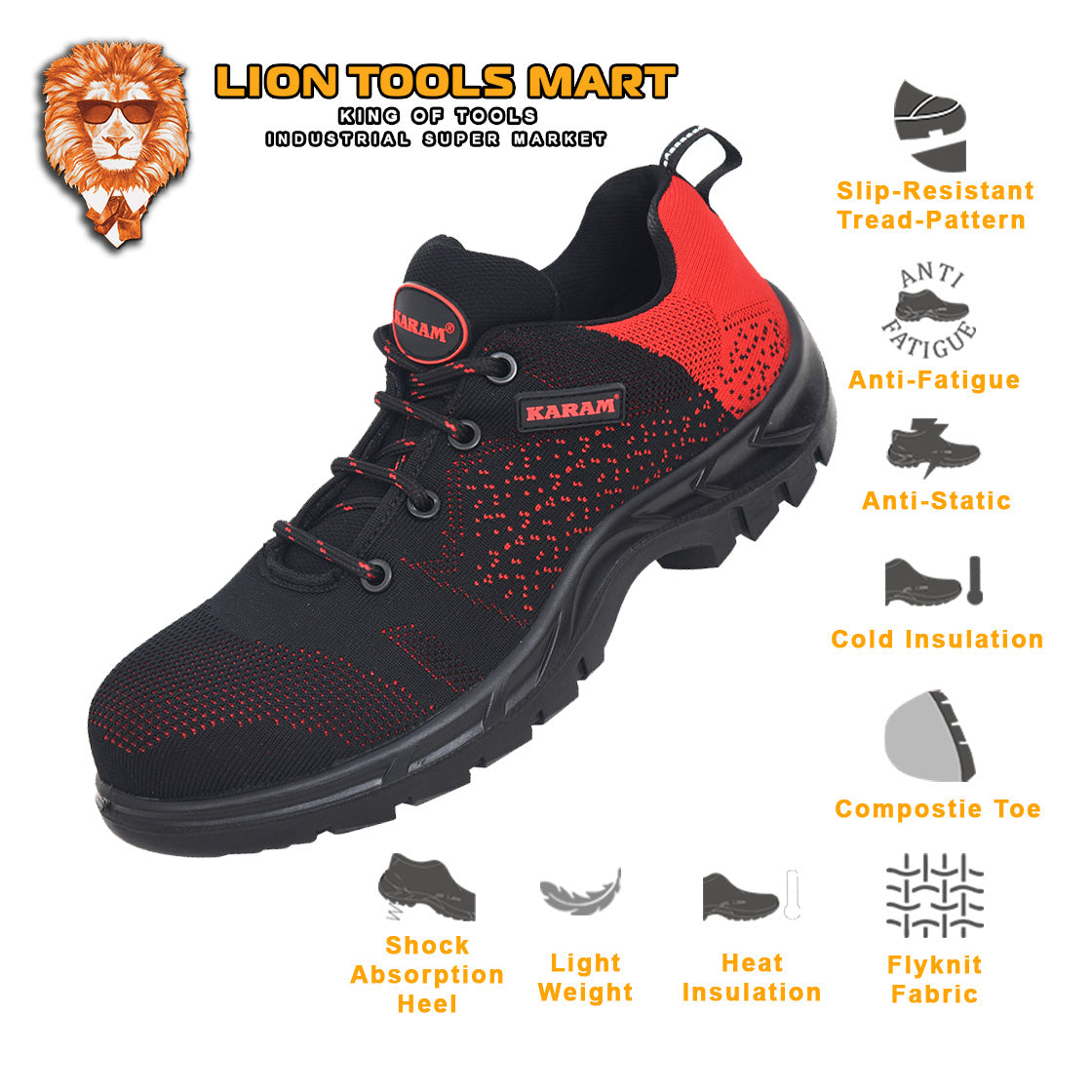 Karam Flytex Red and Black Sporty Safety Shoes FS215 | Industrial Safety Purpose