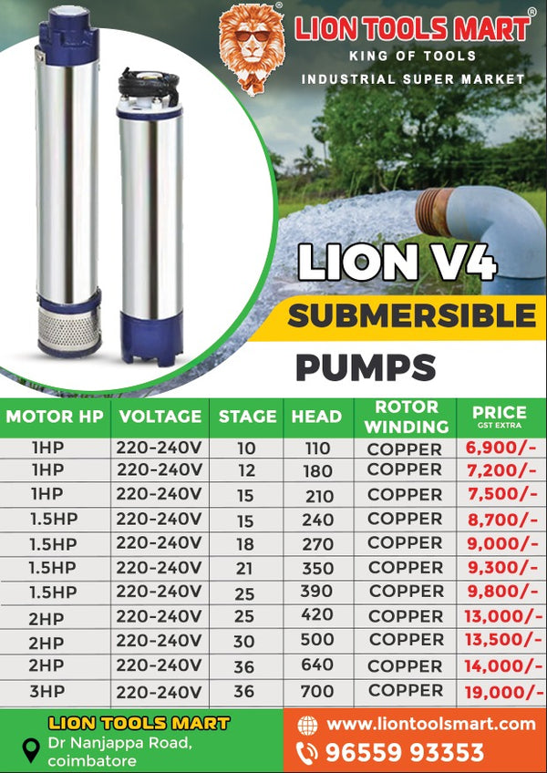 LION V4 Heavy Duty Submersible Pump - Copper Winding (1HP to 3HP)