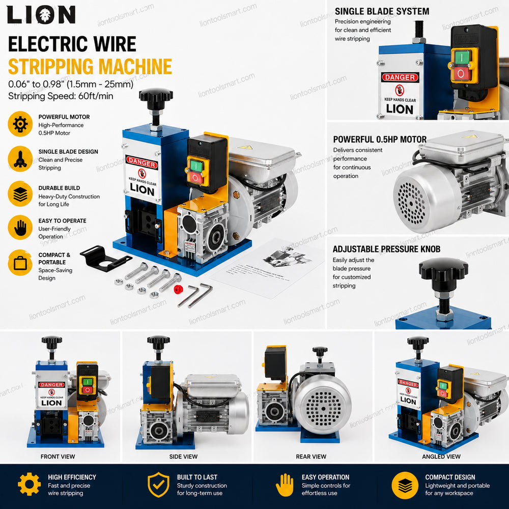 Lion 0.5HP Wire Stripping Machine Sumo LWS003 Single Blade | 0.06" to 0.98" (1.5mm - 25mm) | Stripping Speed: 60ft/min