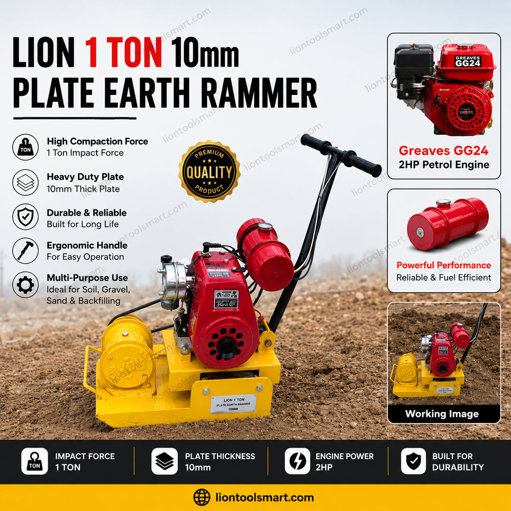 Lion 1 Ton 10mm Plate Earth Rammer with Greaves GG24 2HP Petrol Engine | Compact Soil Compactor