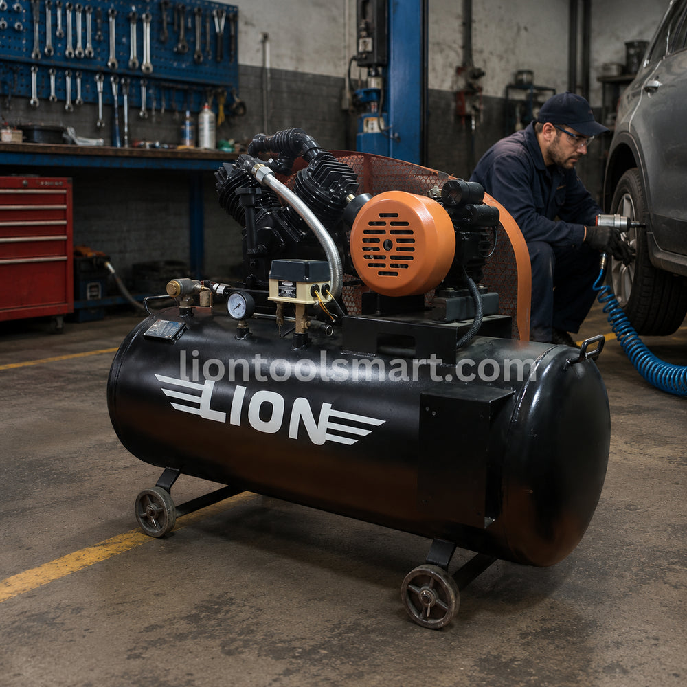 Lion 200L Air Compressor with 2HP Single Phase Motor | High-Efficiency Reciprocating Compressor