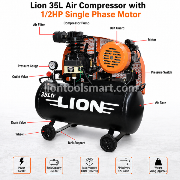 Lion 35L Air Compressor with 1/2HP Single Phase Motor | Compact Portable Reciprocating Compressor