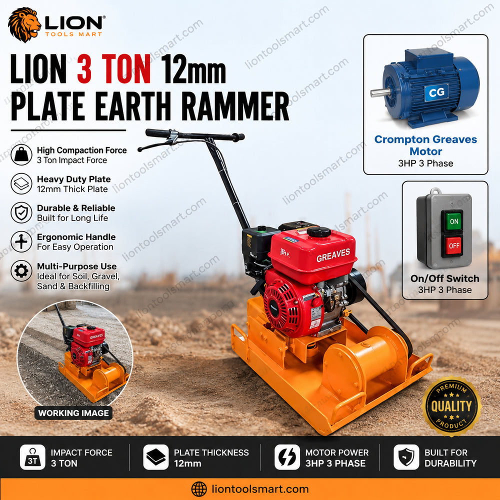 Lion 3 Ton 12mm Plate Earth Rammer with Crompton Greaves Motor & On/Off Switch 3HP 3 Phase | Electric Soil Compactor