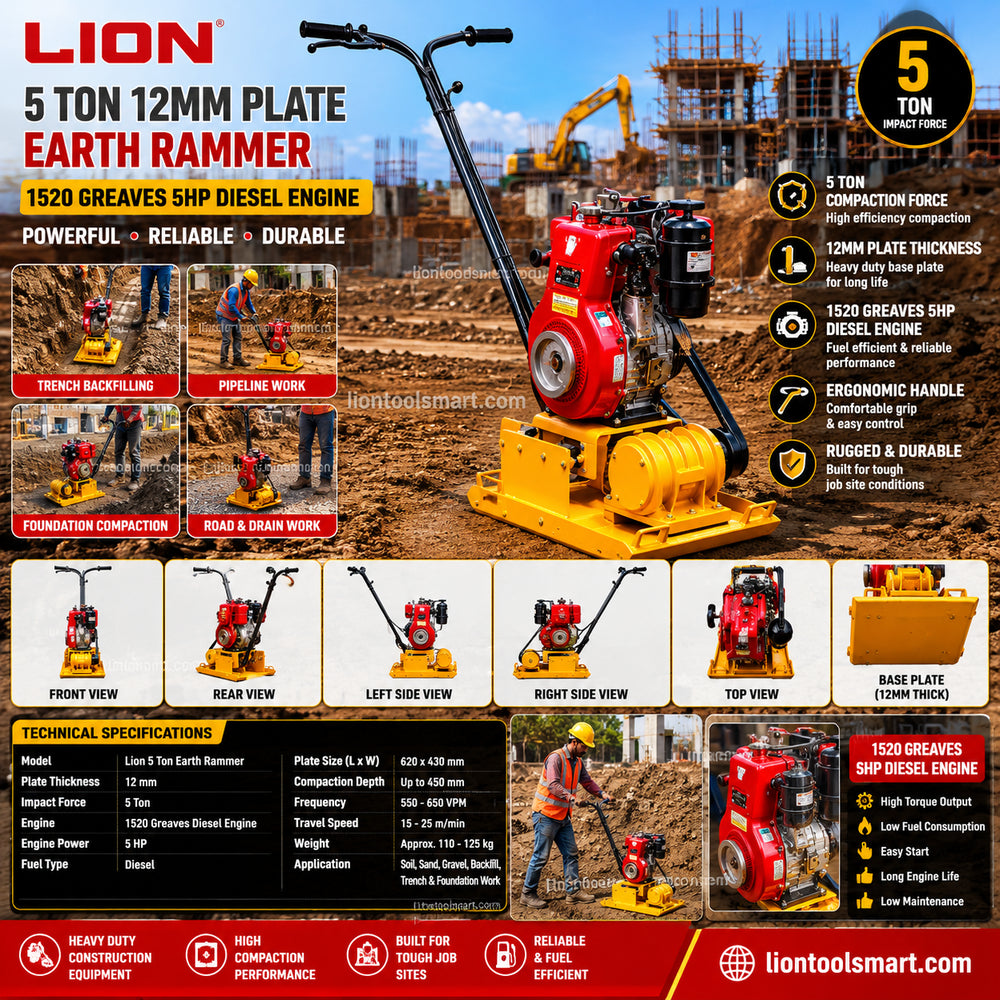 Lion 5 Ton 12mm Plate Earth Rammer with 1520 Greaves 5HP Diesel Engine | Heavy Duty Soil Compactor