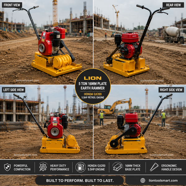Lion 5 Ton 16mm Plate Earth Rammer with Honda GX200 5.5HP Petrol Engine | Heavy Duty Soil Compactor