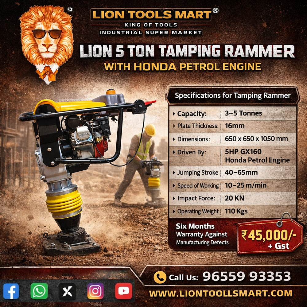 Lion 5 Ton Tamping Rammer with Honda GX160 5HP Petrol Engine | Heavy Duty Soil Compactor