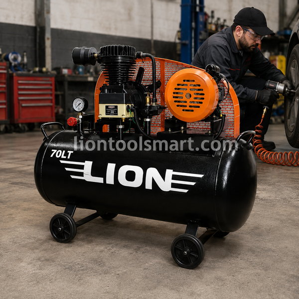 Lion 70L Air Compressor with 1HP Single Phase Motor | High-Performance Compact Reciprocating Compressor