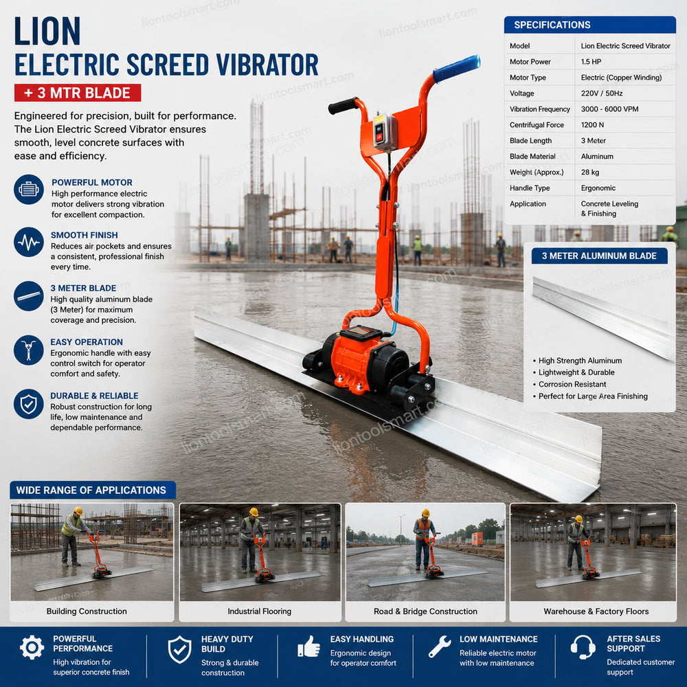 Lion Electric Screed Vibrator + 3 Mtr Blade | Concrete Levelling & Finishing Machine