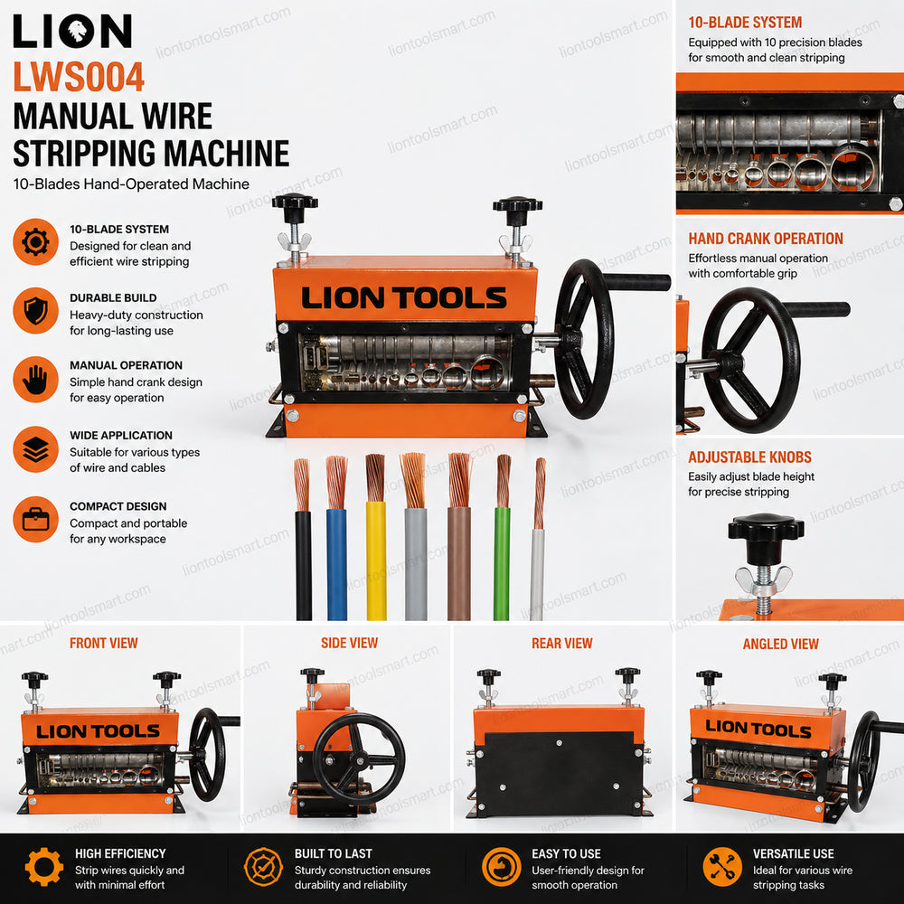 Lion LWS004 Manual 10-Blades Hand-Operated Wire Stripping Machine | 0.5mm to 40mm | Portable Scrap Cable Stripper