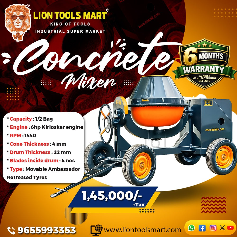 1/2 Bag Concrete Mixer Machine (6hp Kirloskar Engine)