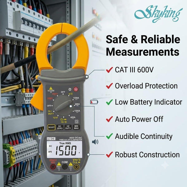 Meco 4050, Meco solar clamp meter, Digital solar clamp meter, DC AC TRMS clamp meter, 1500A clamp meter, 2000V clamp meter, Solar testing meter, PV tester, TRMS clamp meter, Digital clamp meter, Electrical tester, High voltage clamp meter, High current meter, Solar panel tester, Electrician clamp meter, Photovoltaic tester