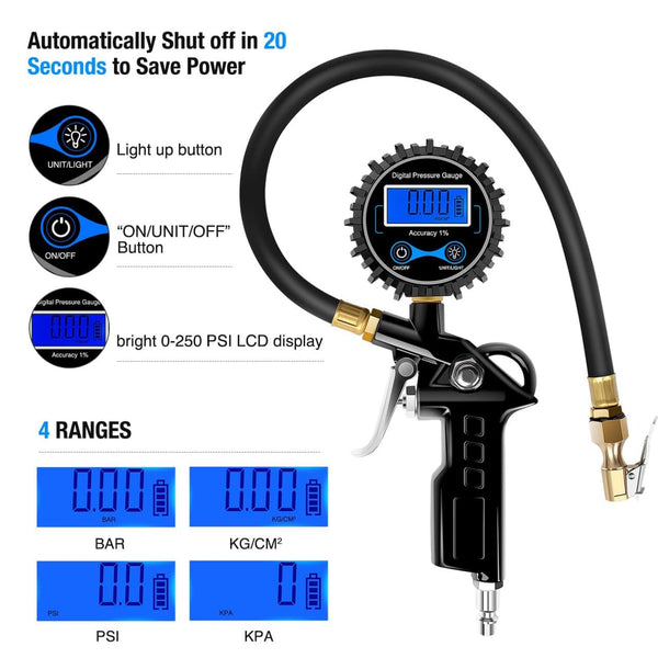 MHR Digital Type Tyre Inflator MHR-DBI001 Metro – Portable Automatic Car Air Compressor with Digital Display