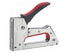 Metal staple gun with red and black handle on a white background