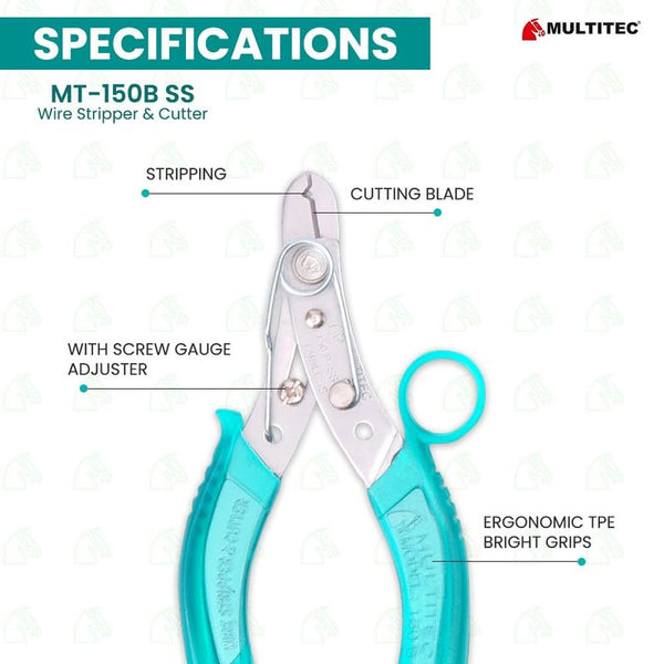 Multitech, Multitech 150B-SS, Wire Stripper, Wire Stripper Cutter, Stainless Steel Wire Stripper, Electrical Wire Stripper, Cable Stripper Tool, Wire Cutting Tool, Electrician Hand Tools, Electronics Repair Tools, PVC Grip Wire Stripper, Spring Loaded Wire Stripper, 10-22 AWG Wire Stripper, Industrial Hand Tools, Workshop Tools, Maintenance Tools, DIY Electrical Tools, Lion Tools Mart