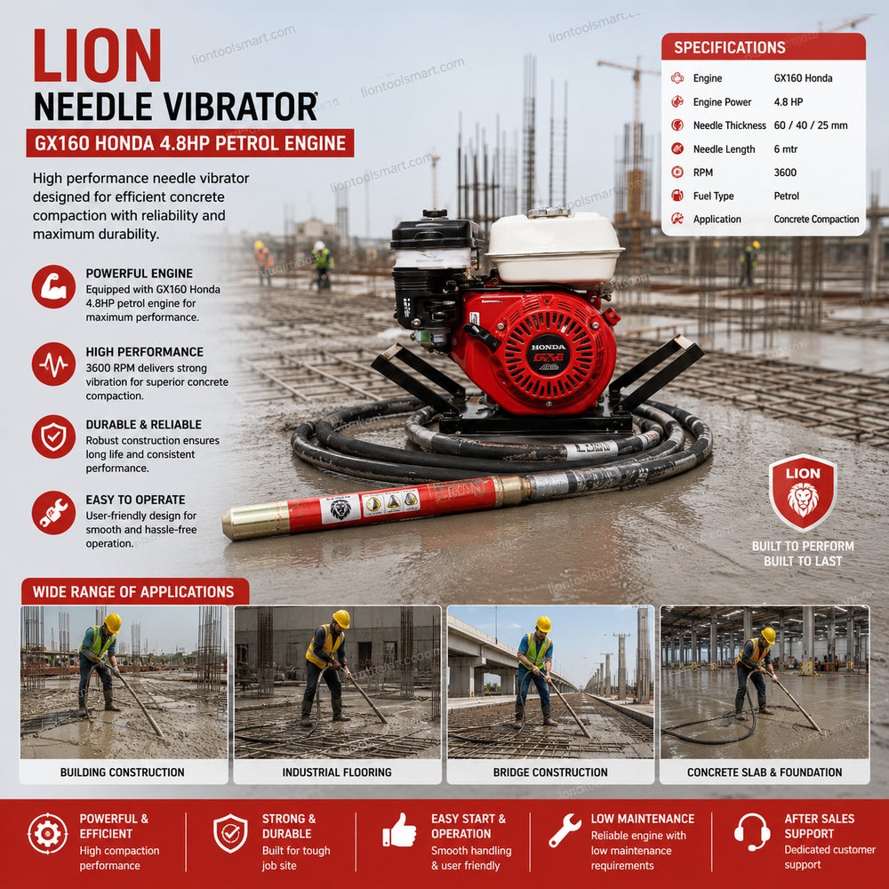 Lion Needle Vibrator with Honda GX160 4.8HP Petrol Engine | Heavy Duty Concrete Compaction Machine