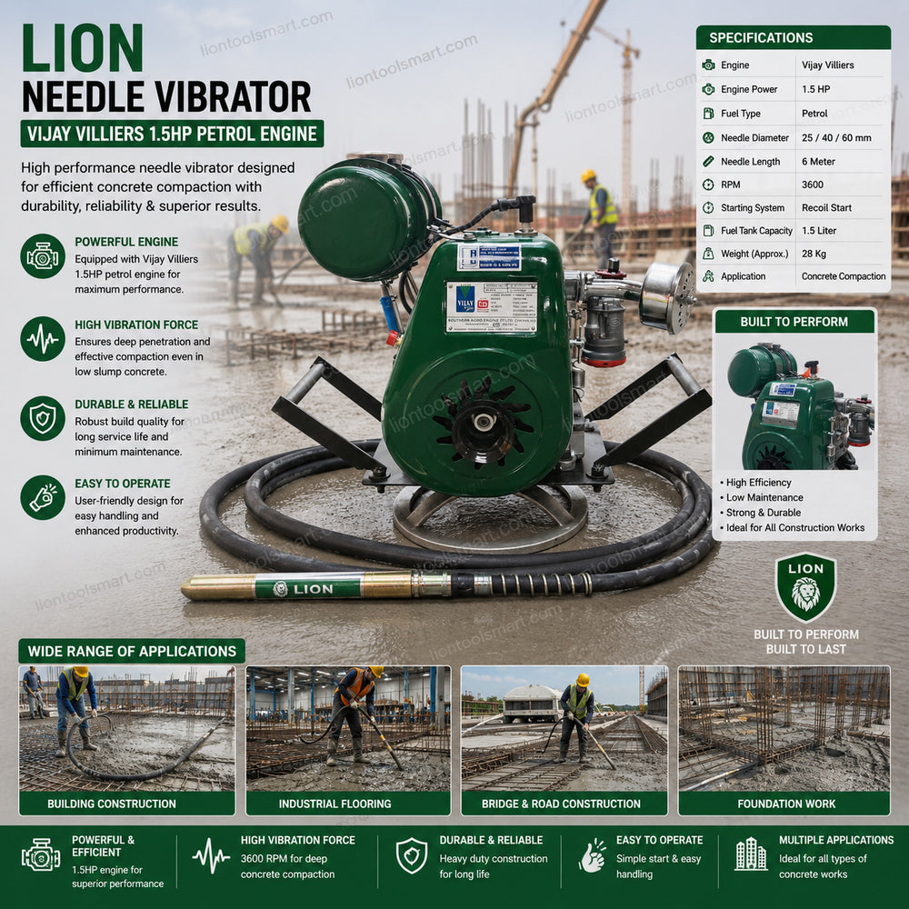 Lion Needle Vibrator with Vijay Villiers 1.5HP Petrol Engine | Concrete Compaction Machine