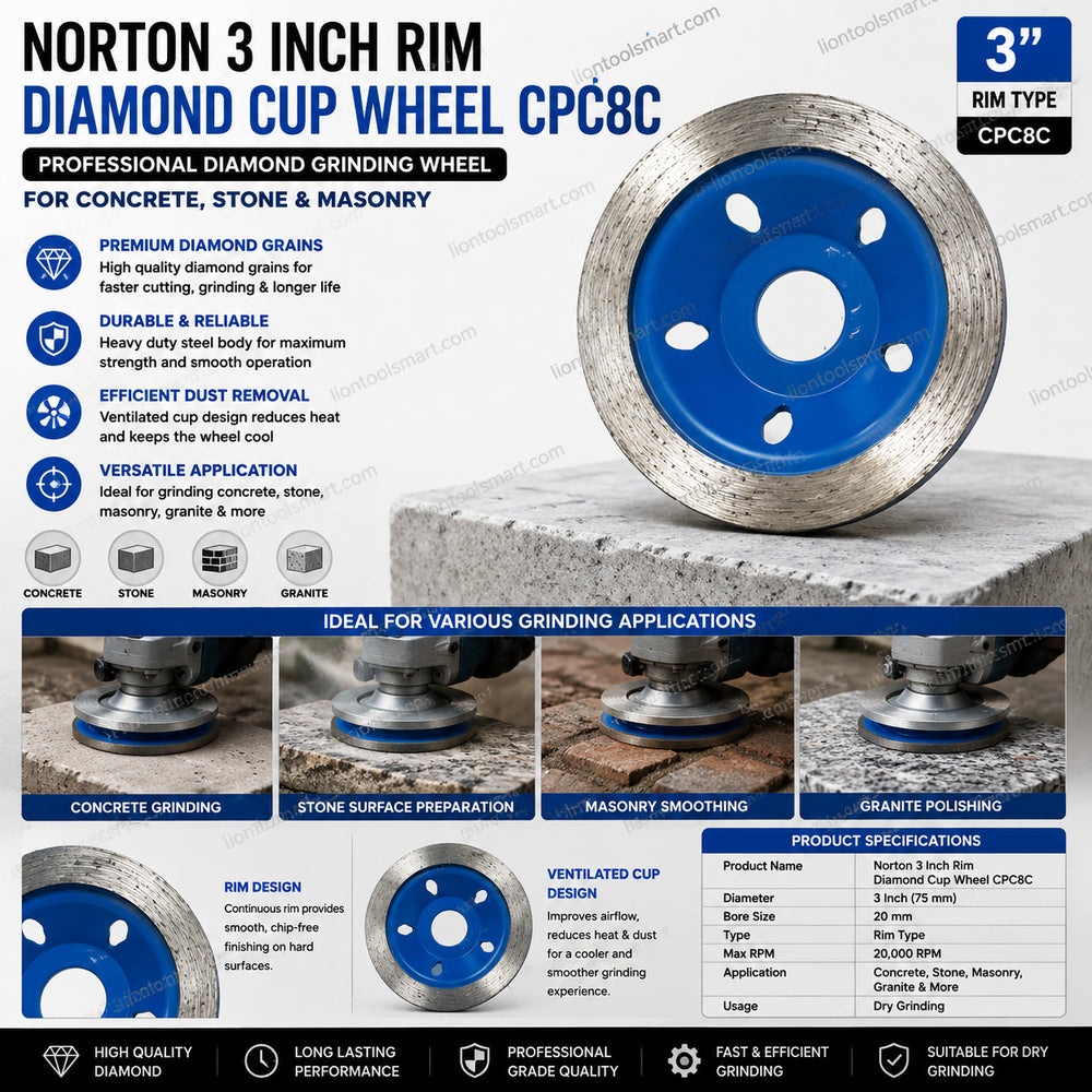 Norton 3 Inch Rim Diamond Cup Wheel CPC8C | Professional Diamond Grinding Wheel for Concrete, Stone & Masonry