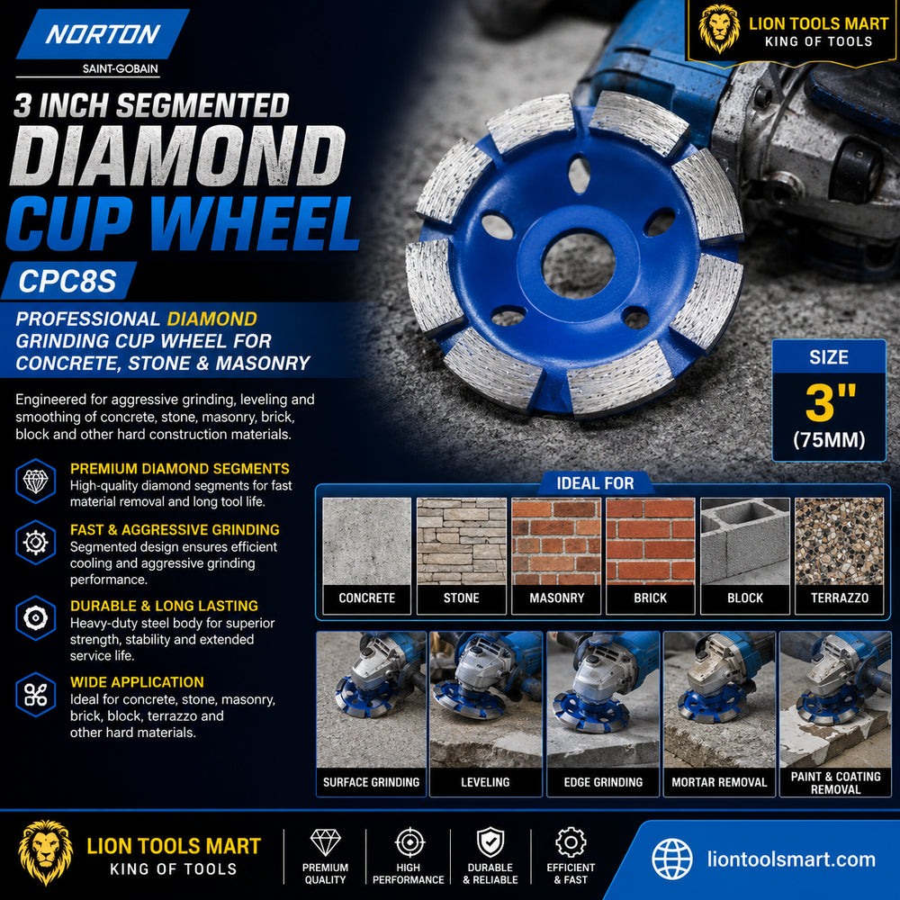 Norton 3 Inch Segmented Diamond Cup Wheel CPC8S | Professional Diamond Grinding Cup Wheel for Concrete, Stone & Masonry