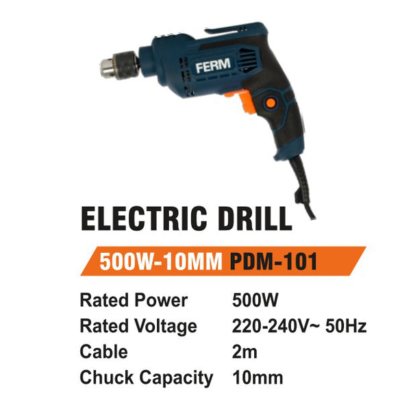 Electric drill with specifications on a white background