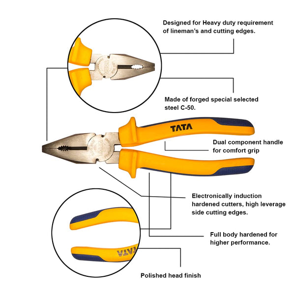 TATA PLCI04 Combination Plier 8 Inch / 200mm TPR | Heavy Duty Insulated Combination Cutting Plier