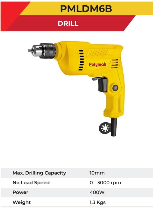 Polymak Electric Drill 400W 10mm PMLDM6B | Wood, Metal, Plastic & Home Improvement Applications
