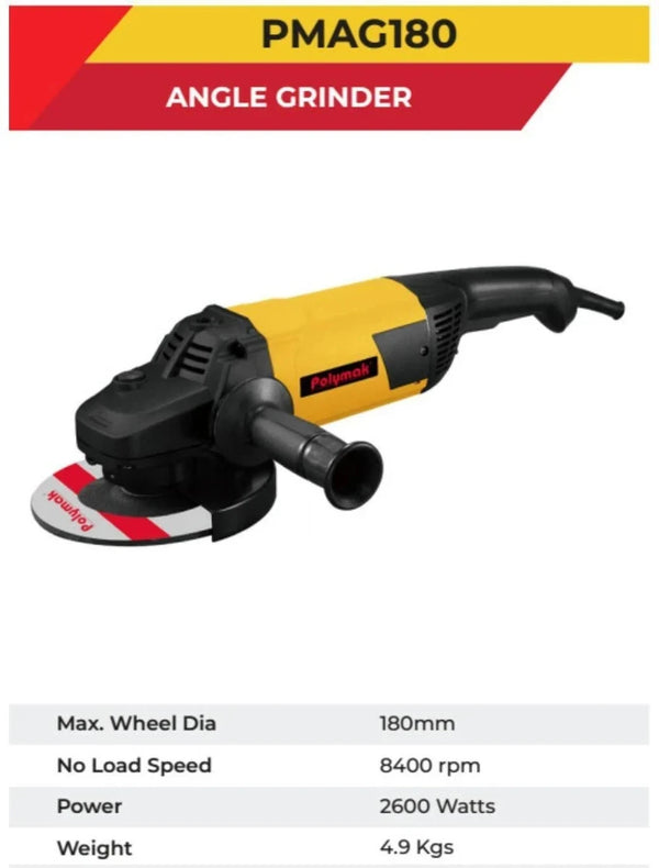 Polymak Angle Grinder 2400W 7 Inch PMAG180 | Metal Cutting, Heavy Grinding, Fabrication & Construction Applications