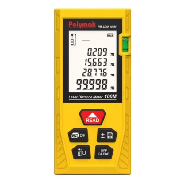 Polymak PM-LDM-100M Digital Laser Distance Meter with 100m range, ±2mm accuracy, IP54 protection, area and volume calculation, and backlit display. Ideal for construction, surveying, and interior measurement.