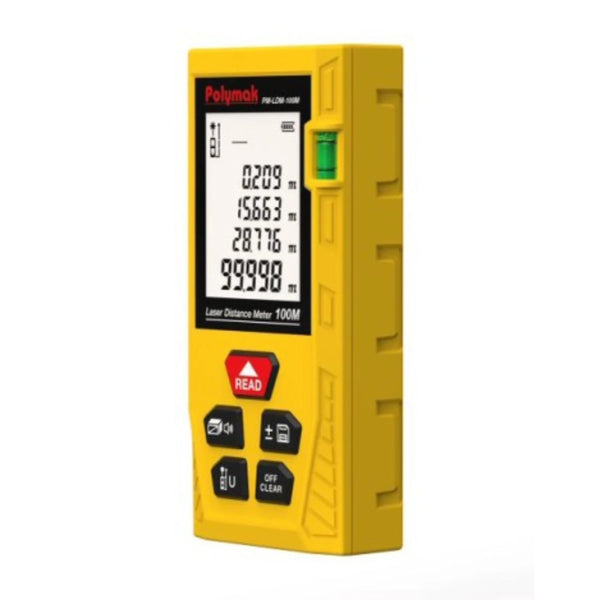 Polymak PM-LDM-100M Digital Laser Distance Meter with 100m range, ±2mm accuracy, IP54 protection, area and volume calculation, and backlit display. Ideal for construction, surveying, and interior measurement.