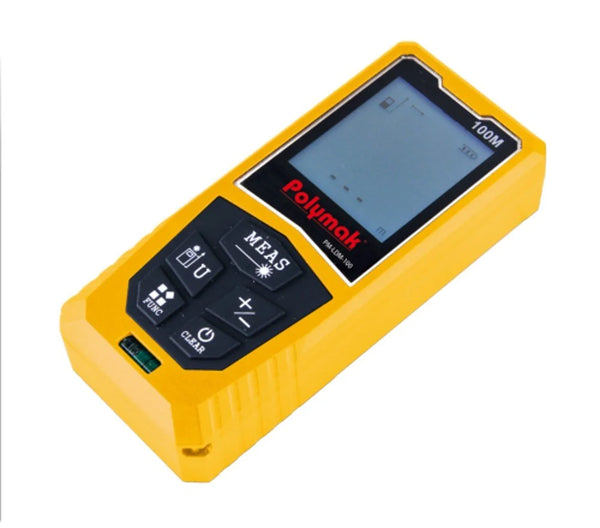 Polymak PM-LDM-100M Digital Laser Distance Meter with 100m range, ±2mm accuracy, IP54 protection, area and volume calculation, and backlit display. Ideal for construction, surveying, and interior measurement.