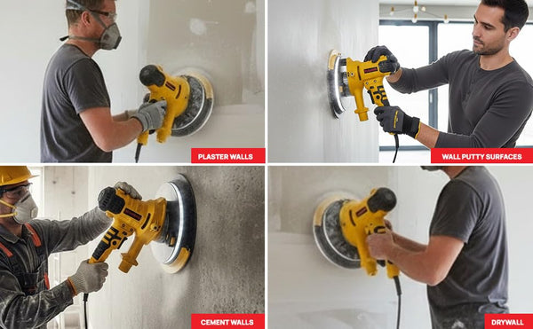 Polymak PM7WS Drywall Sander with LED online at Lion Tools Mart. Features an 850W motor, 180mm sanding disc, variable speed control, integrated LED light, and dust collection system for professional wall and ceiling sanding.