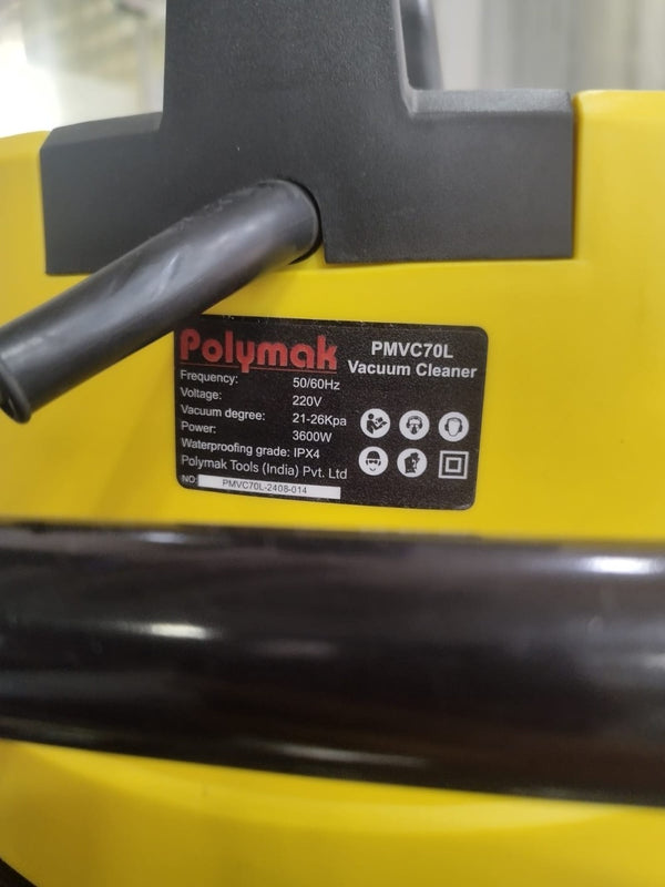 Polymak PMVC70L 70L 3600W Wet & Dry Vacuum Cleaner with a dual-motor system, 26 kPa suction, and stainless steel tank. Ideal for industrial cleaning, workshops, warehouses, commercial facilities, and liquid pickup.
