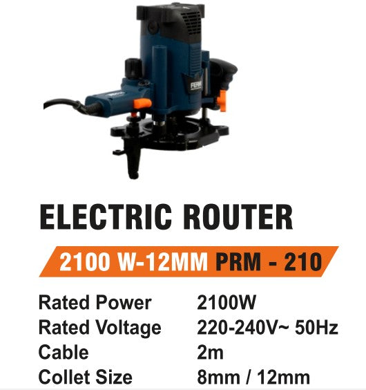 Ferm PRM210 8/12mm Electric Router 2100W | Deep Heavy-Duty Routing