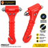 Two red PROCUT car emergency tools on a white background: a window breaker with a pointed metal spike and a seat belt cutter with a hook. The image includes the Lion Tools Mart logo and feature callouts for window breaker and seat belt cutter.