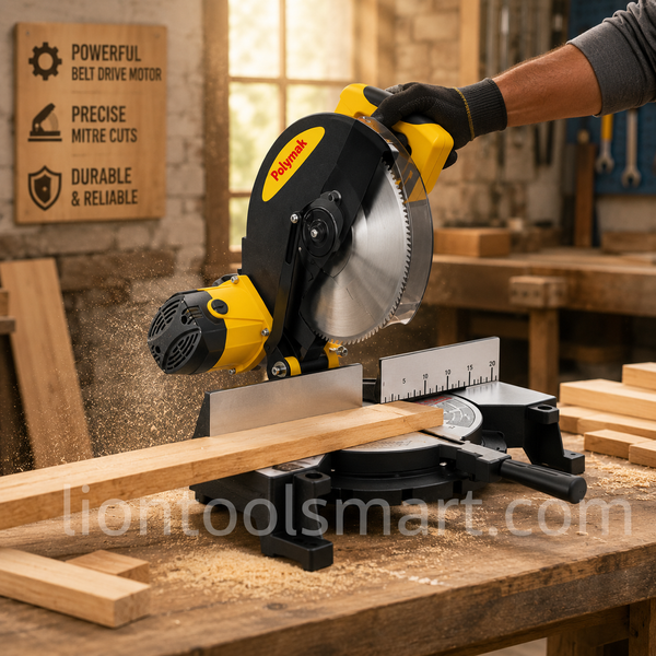 Polymak PM255BMS-DY 1400W 255mm Belt Drive Mitre Saw with 4,600 RPM, precision angle cutting, and smooth belt-driven performance. Ideal for wood cutting, aluminium fabrication, furniture making, and carpentry.