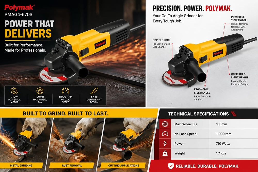 Polymak Angle Grinder 710W 4 Inch PMAG4-670S | Metal Cutting, Grinding, Fabrication & Construction Applications
