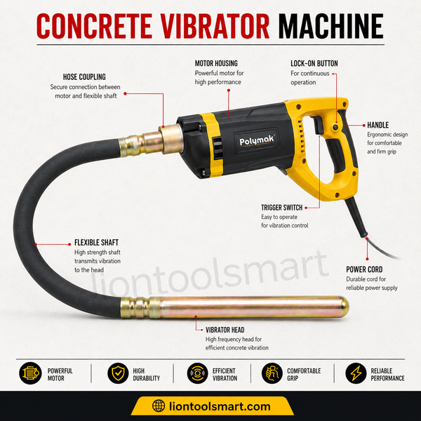 Polymak PM50CV-3M 2200W Concrete Vibrator Machine with 50mm vibrator needle, 3-meter flexible shaft, and 4,800 RPM. Ideal for concrete compaction, foundations, columns, beams, slabs, and construction projects.