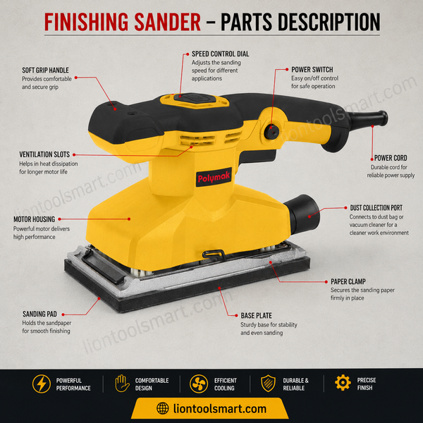 Polymak PM185LFS 320W Finishing Sander with a 93×185mm sanding pad and 14,000 RPM for wood sanding, paint removal, furniture finishing, and surface preparation. Ideal for professional and DIY applications.