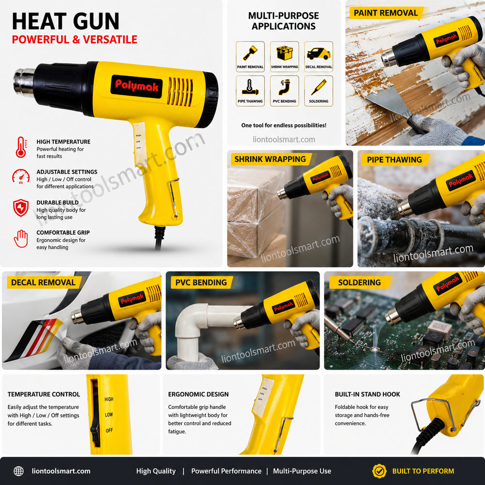Polymak Heat Gun 1600W PMHG1600E | Paint Removal, PVC Shrinking, Plastic Welding & Industrial Heating Applications