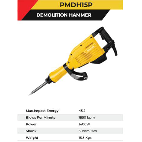 Polymak PMDH15P 15Kg 1400W Demolition Hammer with 45J impact energy, 30mm Hex shank, and up to 1,850 BPM. Ideal for concrete breaking, masonry demolition, road repair, and heavy-duty construction.
