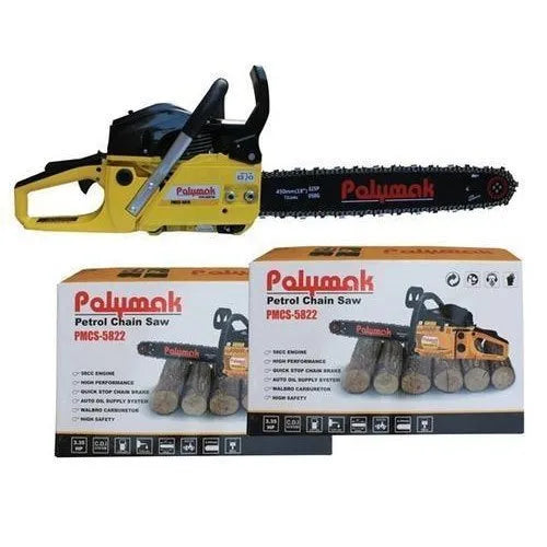 A yellow and black Polymak petrol chainsaw is shown above two branded product boxes, with a black instruction booklet laid out below on a plain white background.