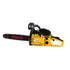 A yellow and black Polymak chainsaw with a black bar and chain, shown from a side profile on a plain white background.