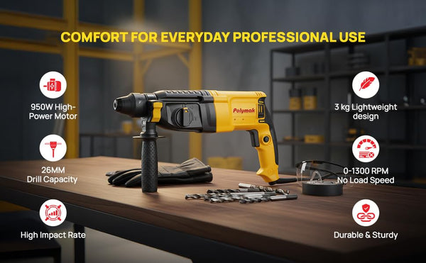 Polymak Rotary Hammer 950W 26mm PM25RH-DY | Concrete Drilling, Chiseling & Construction Applications