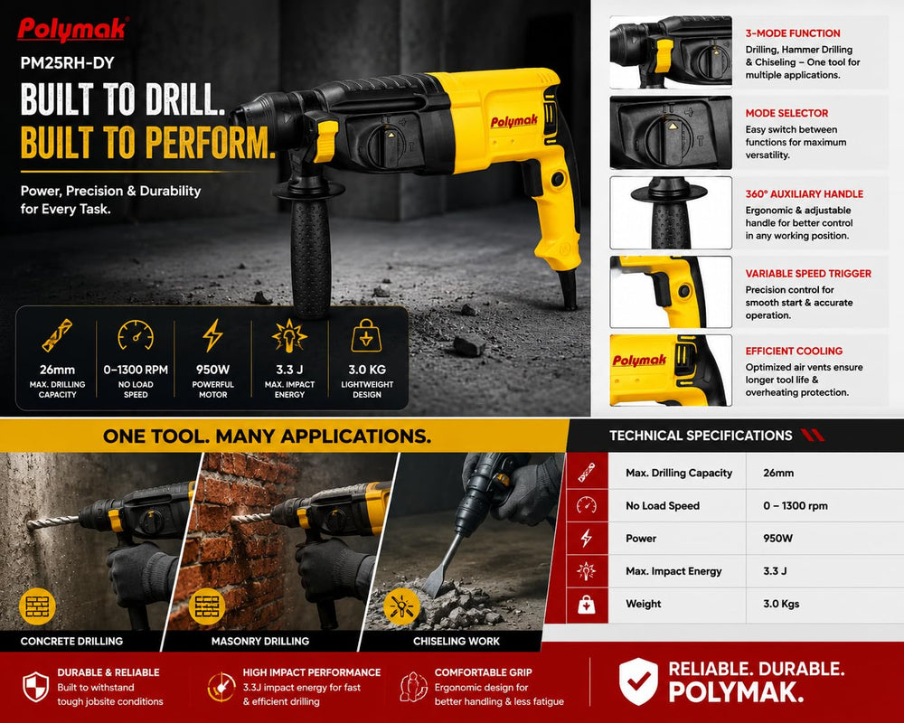 Polymak Rotary Hammer 950W 26mm PM25RH-DY | Concrete Drilling, Chiseling & Construction Applications