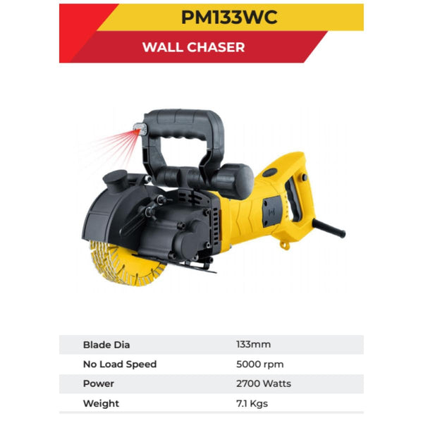 Polymak PM133WC 2700W Wall Chaser with 133mm dual diamond blades, 7,000 RPM, adjustable cutting depth, and dust extraction. Ideal for concrete groove cutting, electrical conduit installation, plumbing, and construction projects.
