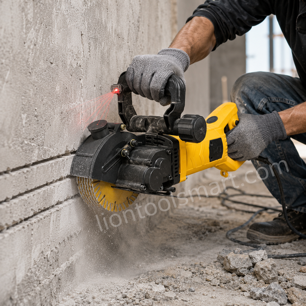Polymak PM133WC 2700W Wall Chaser with 133mm dual diamond blades, 7,000 RPM, adjustable cutting depth, and dust extraction. Ideal for concrete groove cutting, electrical conduit installation, plumbing, and construction projects.