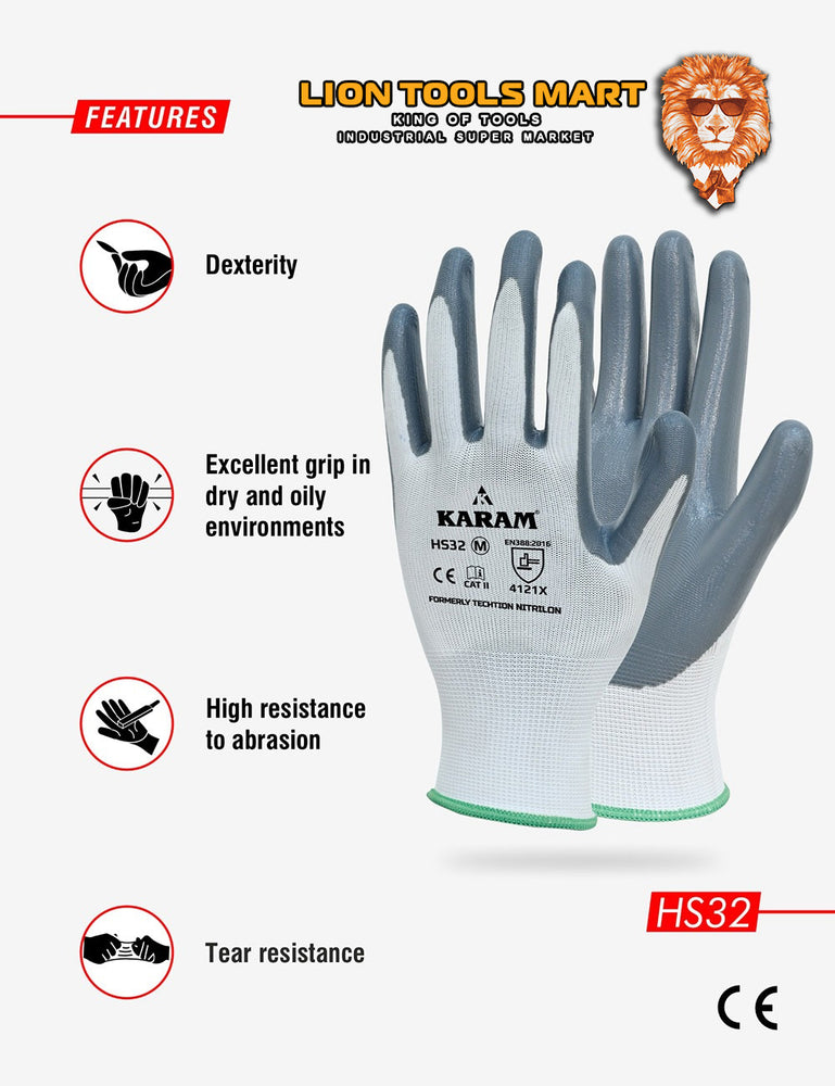 Karam Polyester Liner with Nitrile Coating White Gloves HS32 | Hand Protection