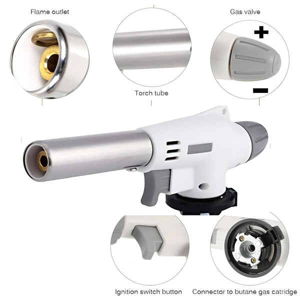 Portable Gas Flame Gun Torch Burner for Kitchen, BBQ, Baking & Camping | Butane Blow Torch with Adjustable Flame Control | Manual Ignition Multipurpose Cooking Torch | White – 1300°C High-Temperature Gas Torch