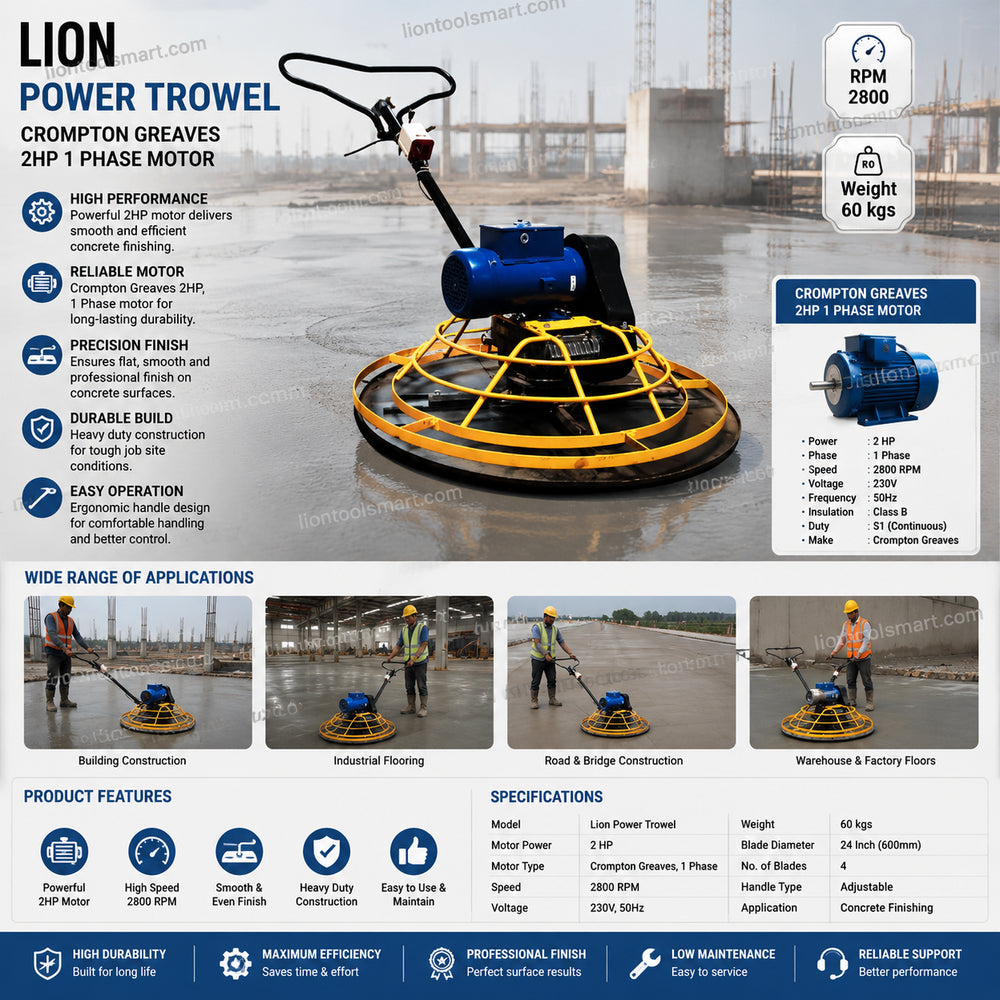 Lion Power Trowel with Crompton Greaves 2HP 1 Phase Motor | Electric Concrete Finishing Machine