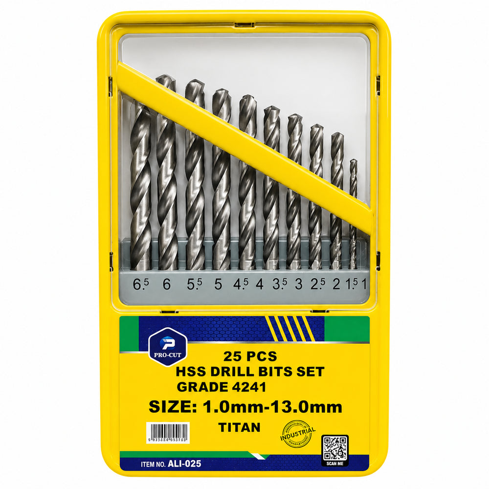 Procut ALI-025 25Pcs HSS Drill Bit Set 1mm-13mm | High Speed Steel Twist Drill Bit Kit for Metal, Wood & Plastic