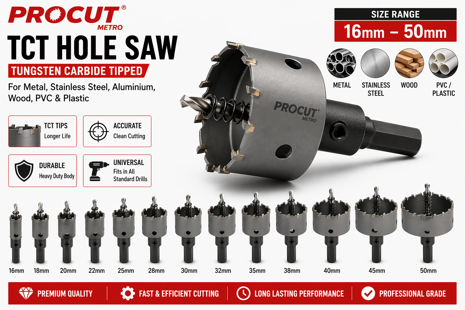 Procut TCT Hole Saw 16-50mm | Carbide Hole Cutter for Metal & Wood